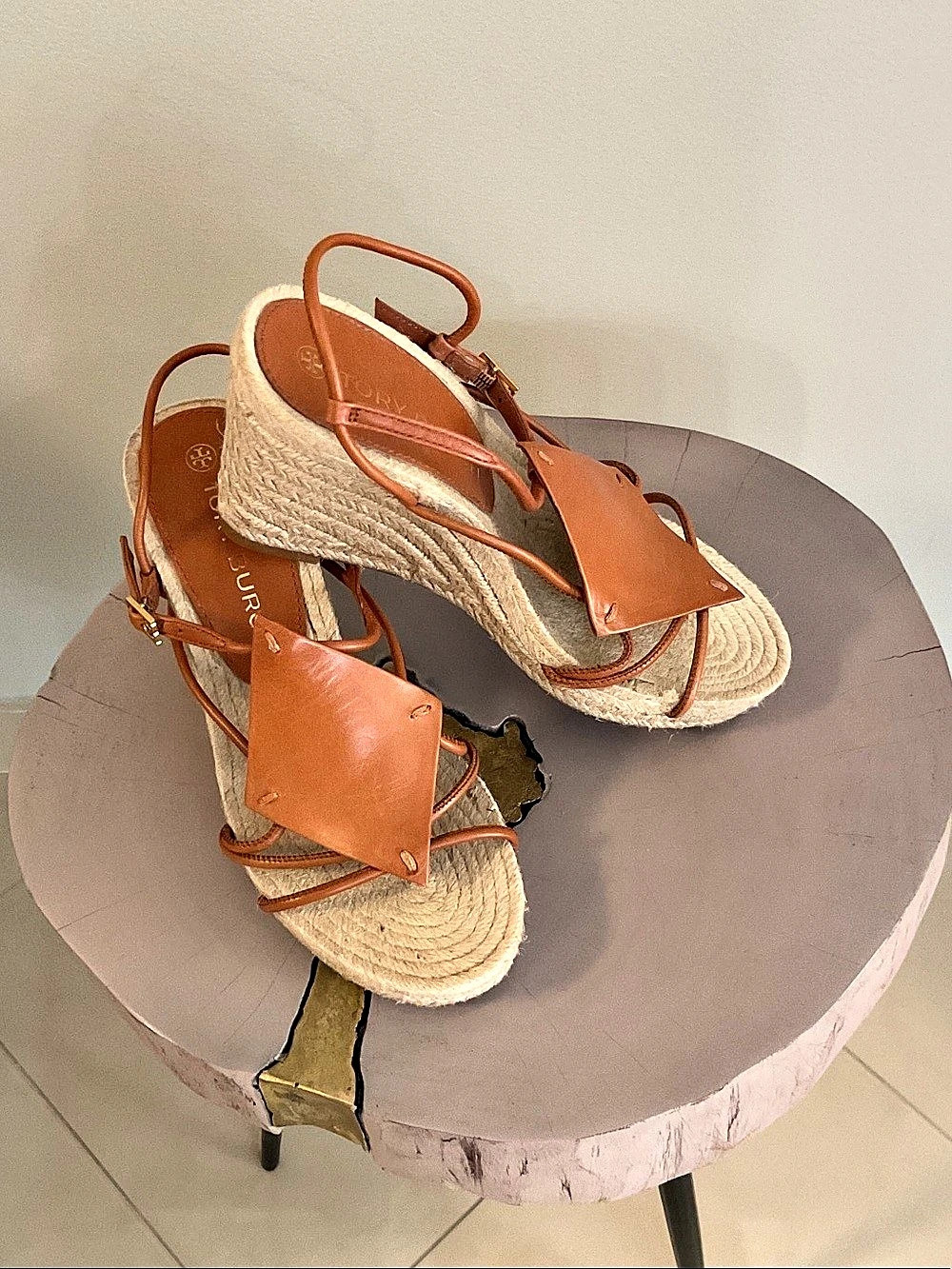 Tory Burch Diamond Patch Espadrille Wedge Sandals Brown & Cream